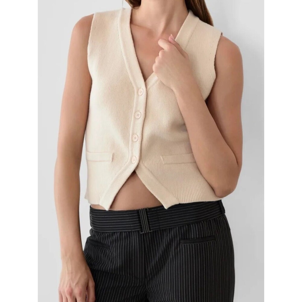 Mod Ref Ribbed Knit Button Front Sweater Vest Cream Preppy Minimalist L